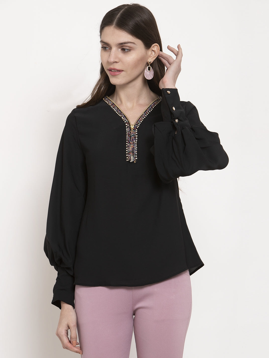 Women Flared Fit Full Sleeves Black Top