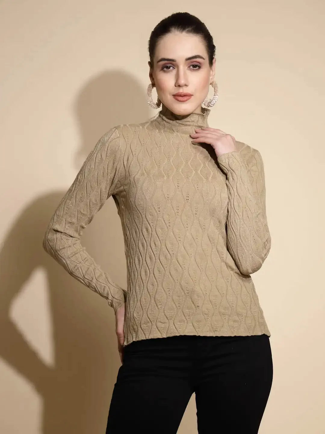 Women Solid Full Sleeve Turtle Neck Knitted Skivvy