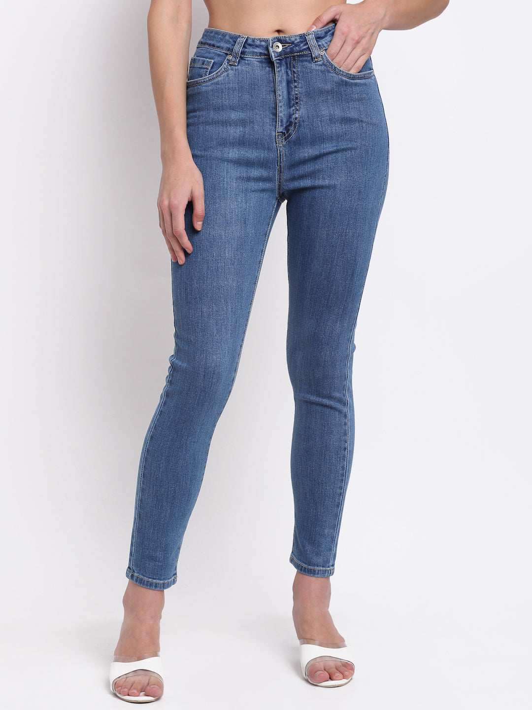 women skinny solid blue jeans