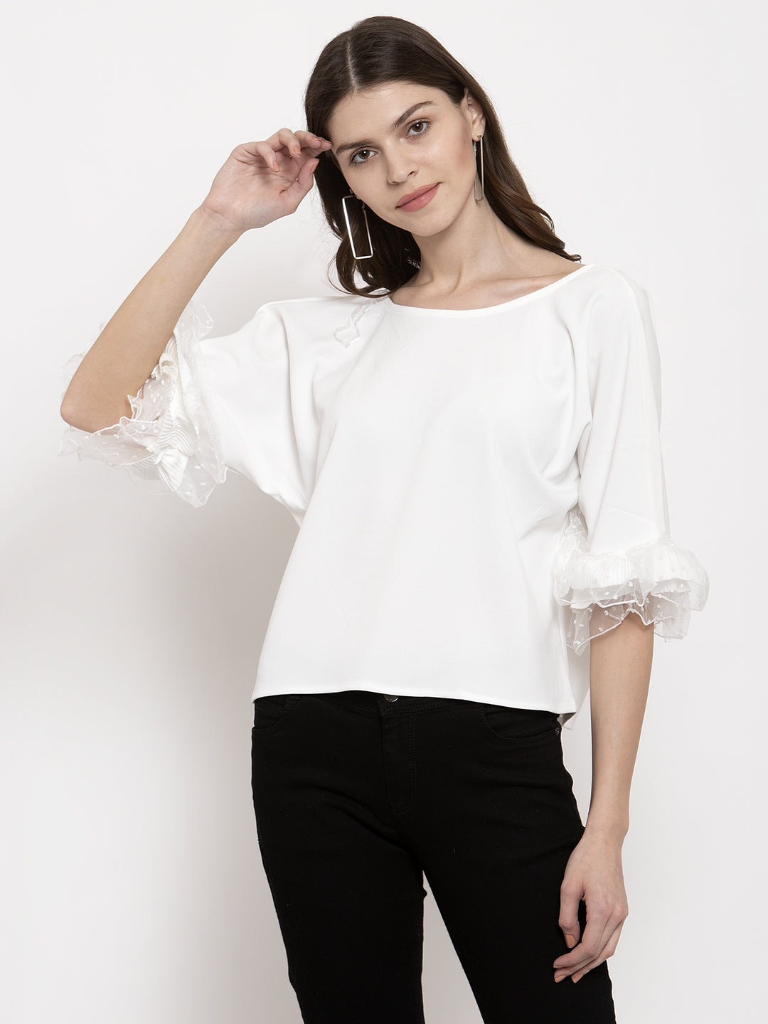 Women White Oval Neck Straight Fit Top