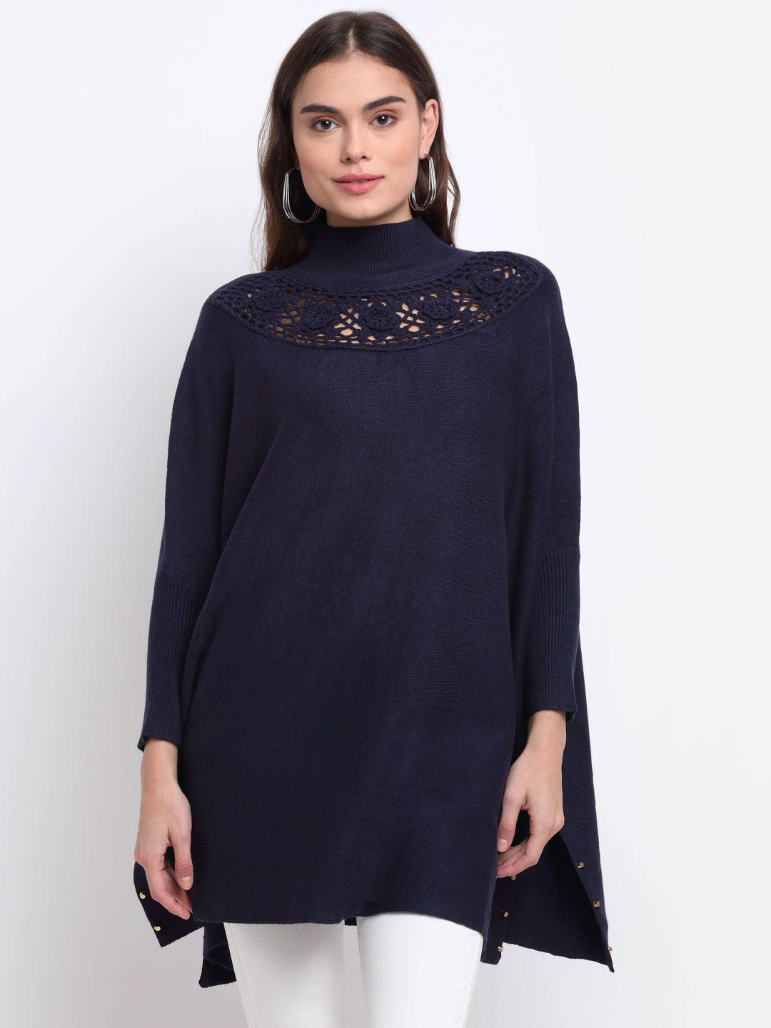 Women Navy Blue High Neck Solid KNIT Pullover