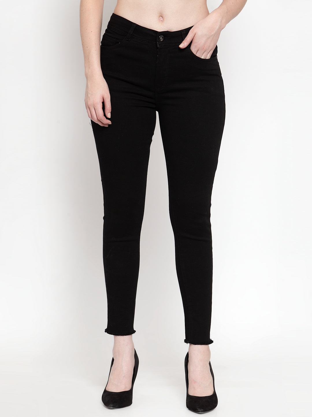 Women Skinny Frayed edges Black Jeans