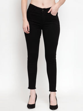 Women Skinny Frayed edges Black Jeans