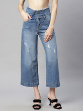 Blue Distressed Ankle Length Flared Jeans For Women