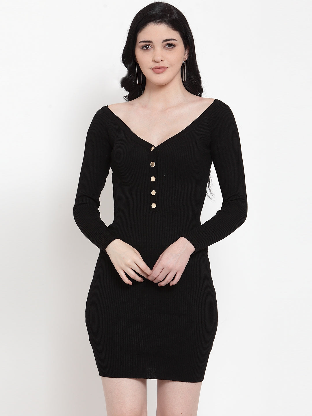 Women Black Blended V Neck Solid Mini Dress