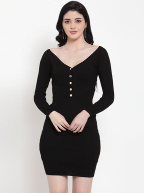 Women Black Blended V Neck Solid Mini Dress