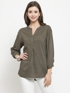 Women Solid Olive Green Relaxed Fit Top With Mandarin Collar