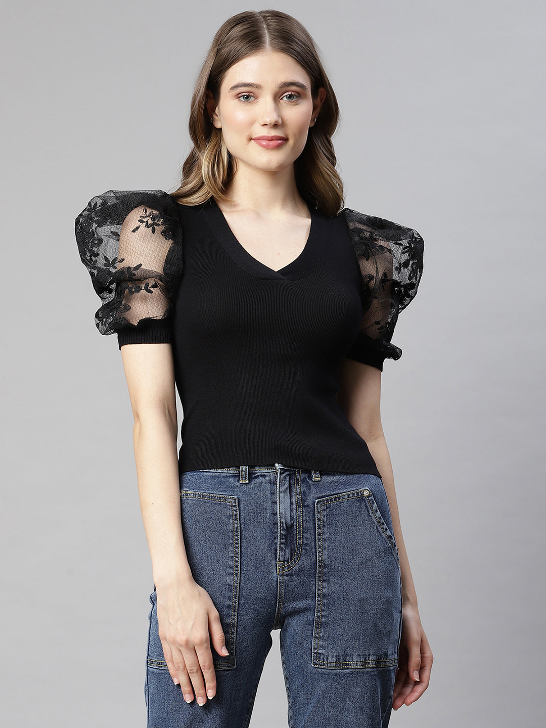 Women Black Knit Net Top - Global Republic
