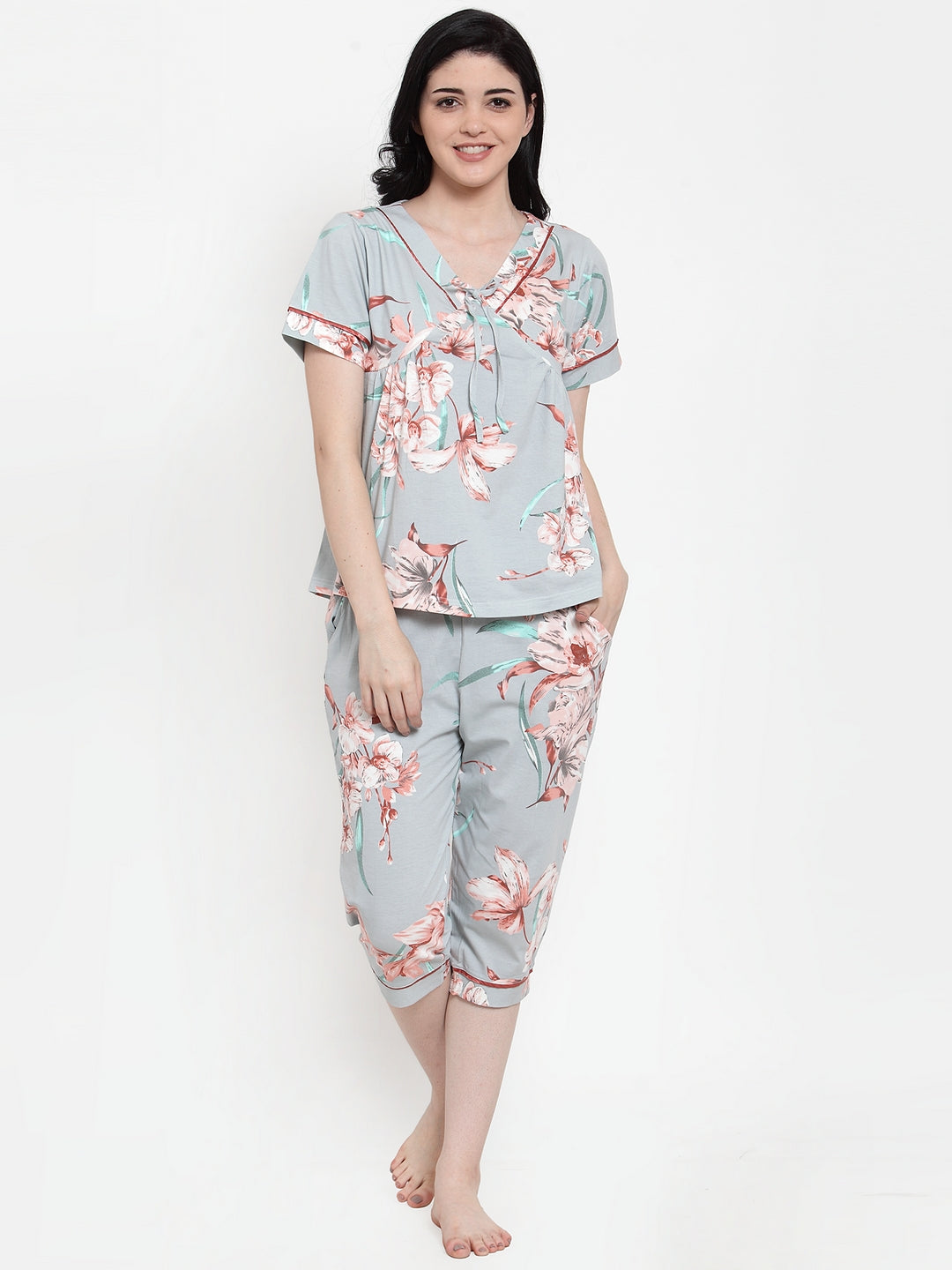 Women Green Hosiery Printed Capri Night Suit