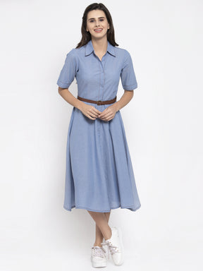 Women Solid Blue Shirt Collar Dress