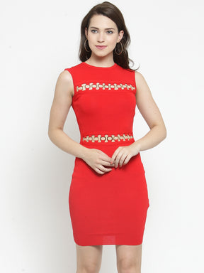 Women Red Solid Round Neck Slim Fit Dresses