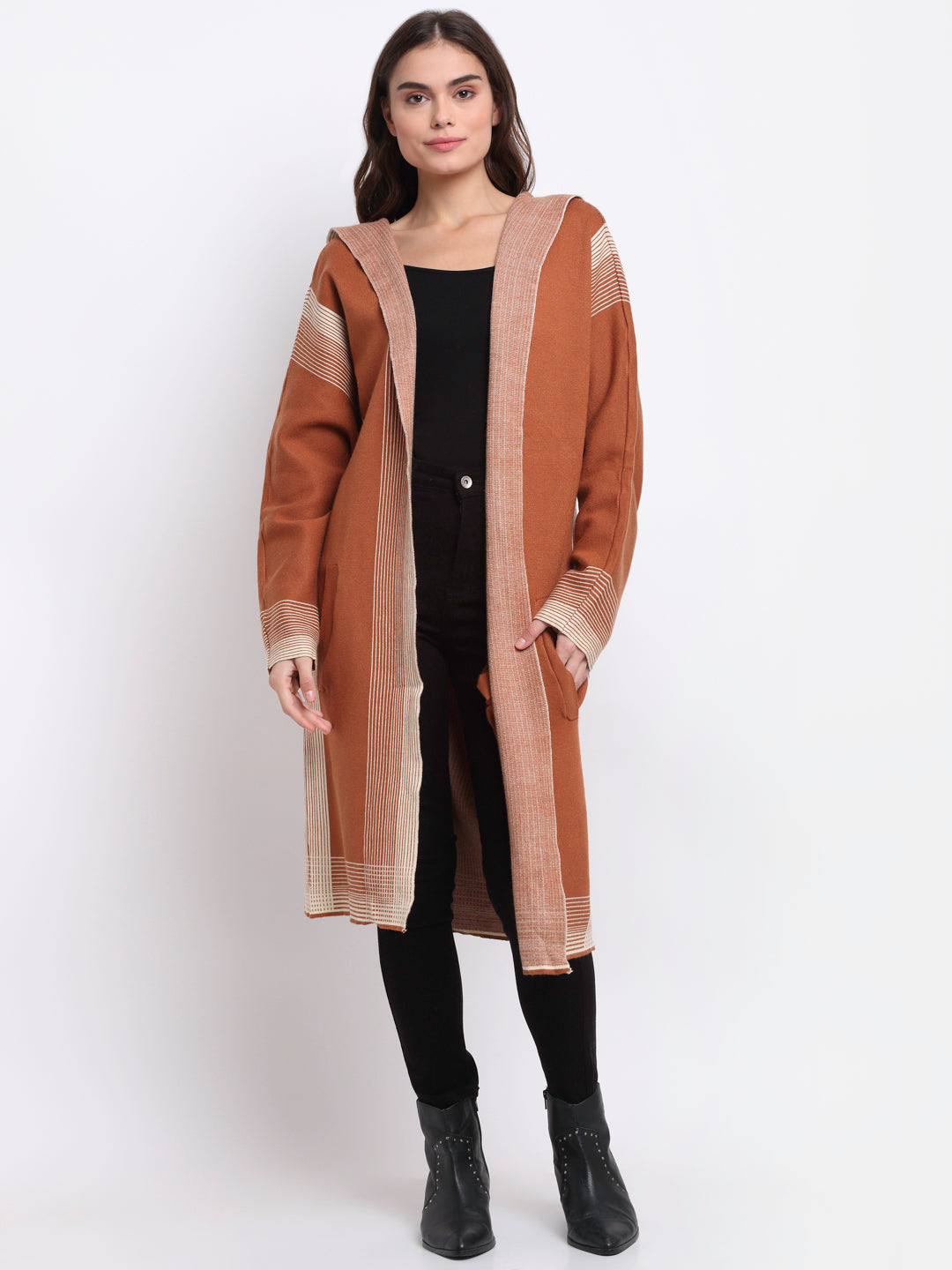 Women Brown Hooded Knitted Loose Fit Shrug
