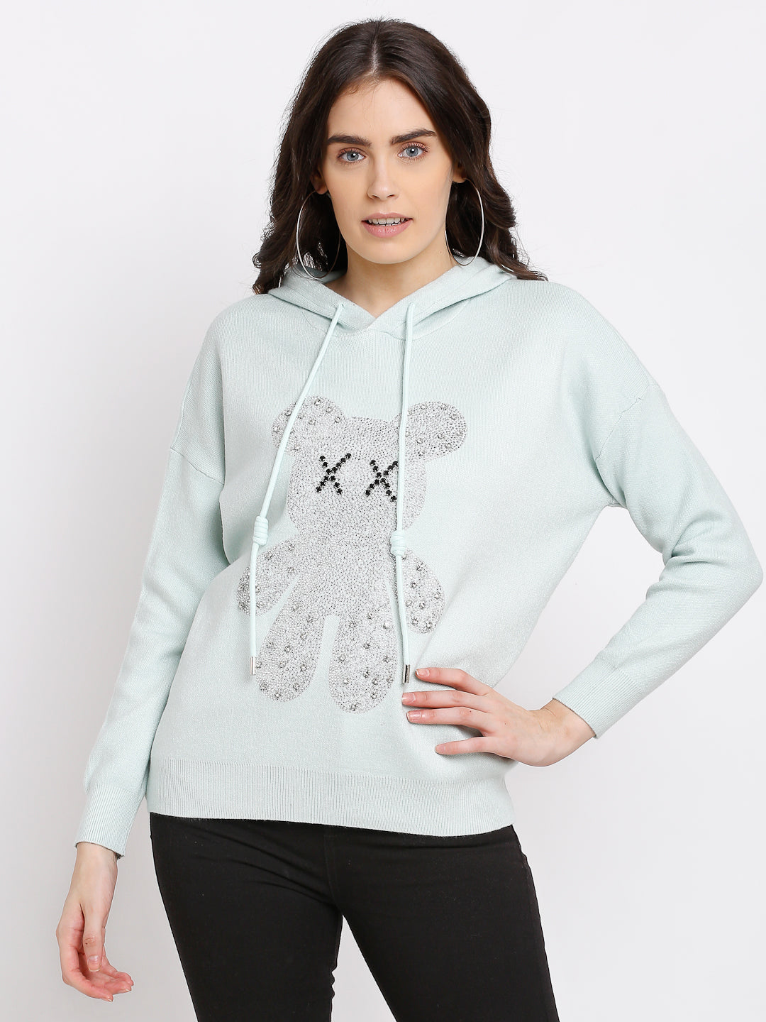 Buy Fashionable Blue Knitted Printed Neck Pullover