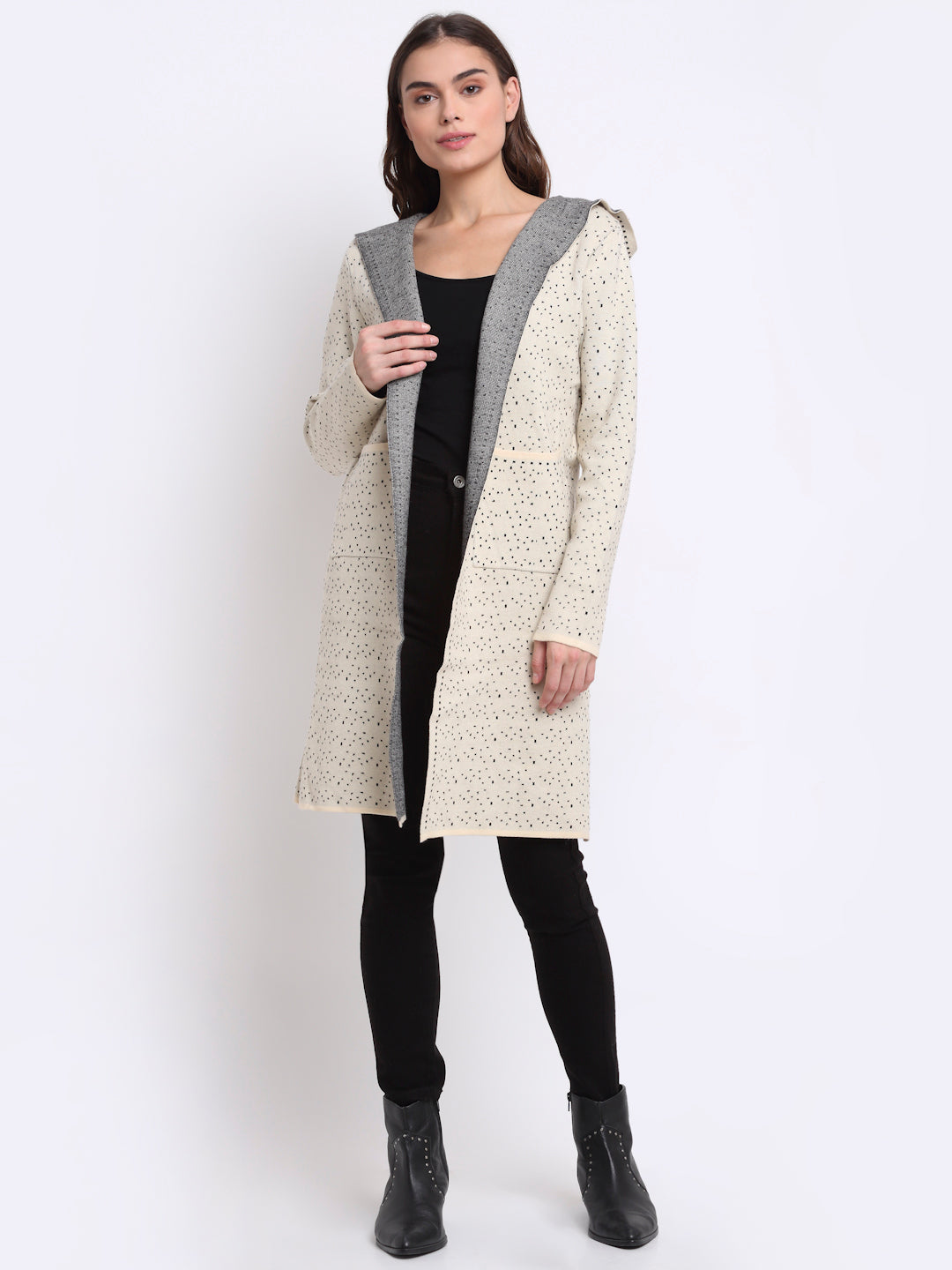 Women Beige Hooded Knitted Loose Fit Shrug - Global Republic