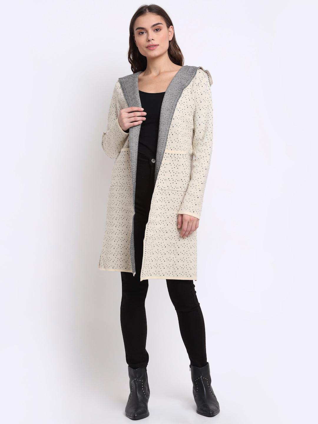 Women Beige Hooded Knitted Loose Fit Shrug