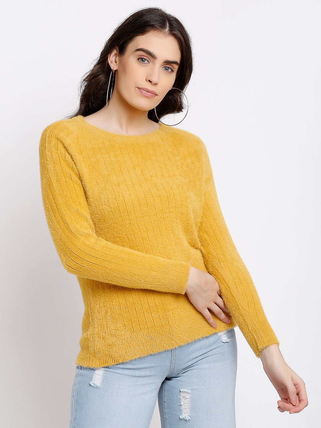 Women Mustard Knitted Solid Round Neck Pullover - Global Republic