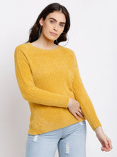 Women Mustard Knitted Solid Round Neck Pullover