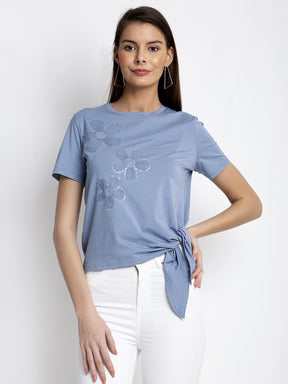 Women Blue Round Neck Solid Top
