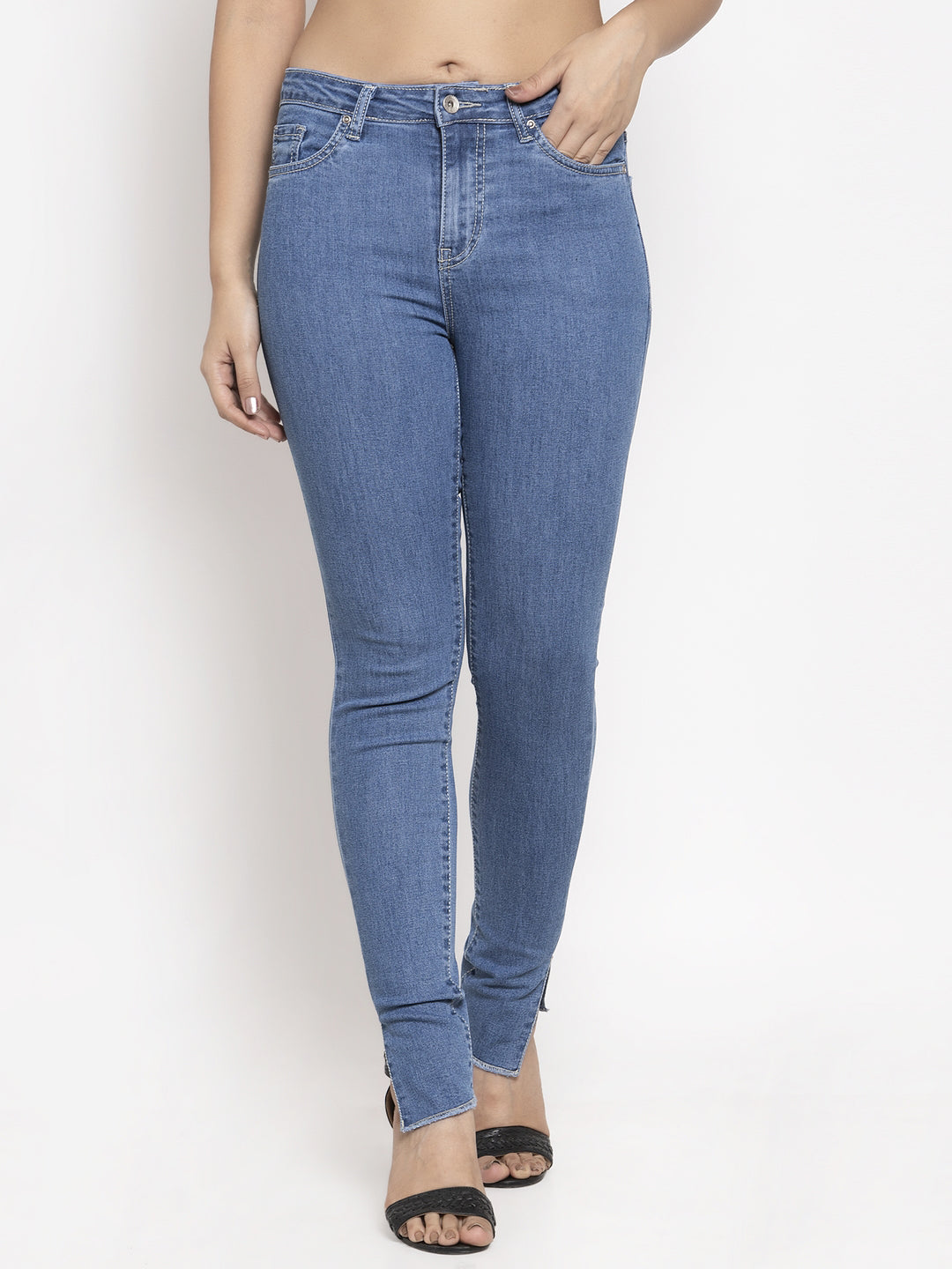 women skinny fit floor length blue jeans with ankle cut