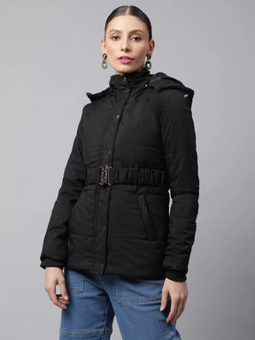 Women Black Regular Fit Detactchable Hood Puffer Jacket