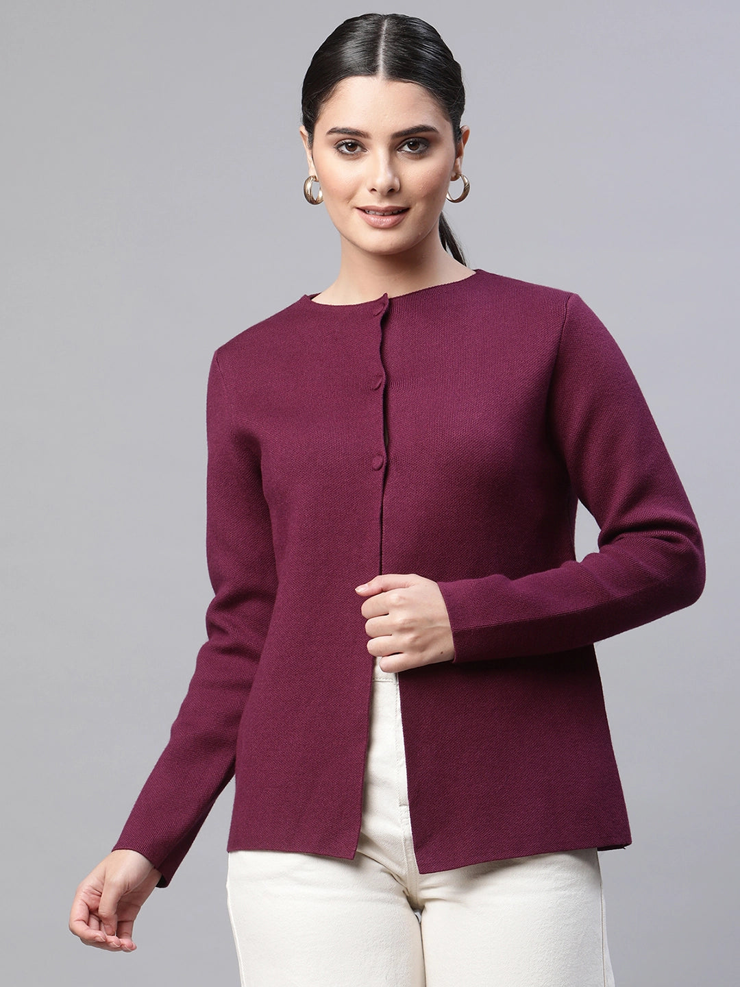 Rose Purple Solid Boxy Fit Knitted Cardigan