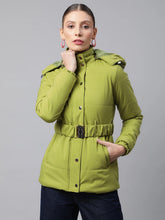 Women Green Detactchable Hood Puffer Jacket