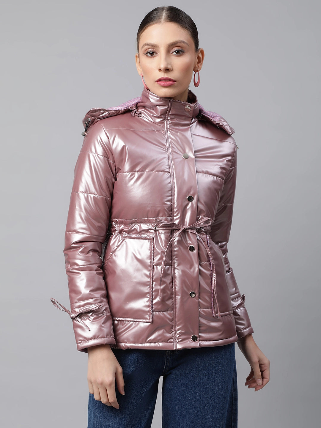 Women Coral Detachable Hood Metallic Puffer Jacket