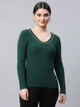 Women Round Neck Ribbed Hem  With Green