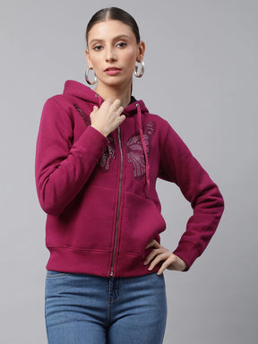 Women Plum Hooded Butterfly Printed Regular Fit Fleece Sweatshirt