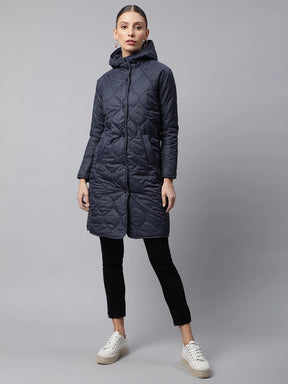 Women Navy Hooded Wavy Puffer Long Jacket