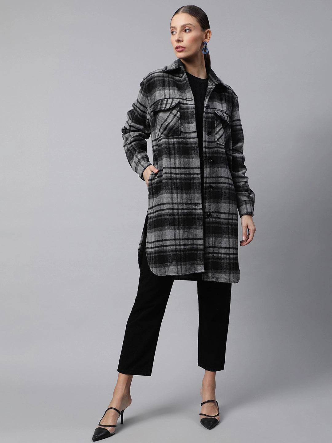 Women Black Checkered Flannel Knee Length Shacket - Global Republic