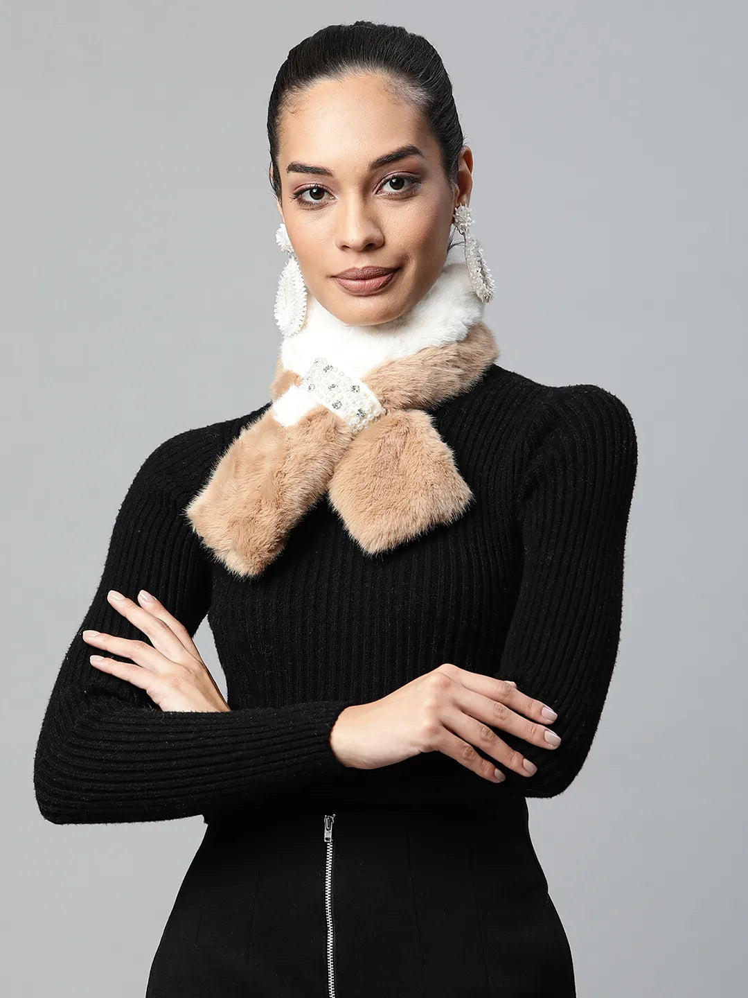 Women Beige Colorblocked Furry Pearl Embellished Stole