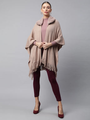 Women Beige Furry Collar Anti Fit Acrylic Cape