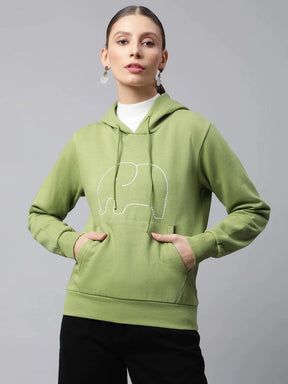 Women Green Kangaroo Pocket Elephant Loose Fit Fleece Sweatshirt