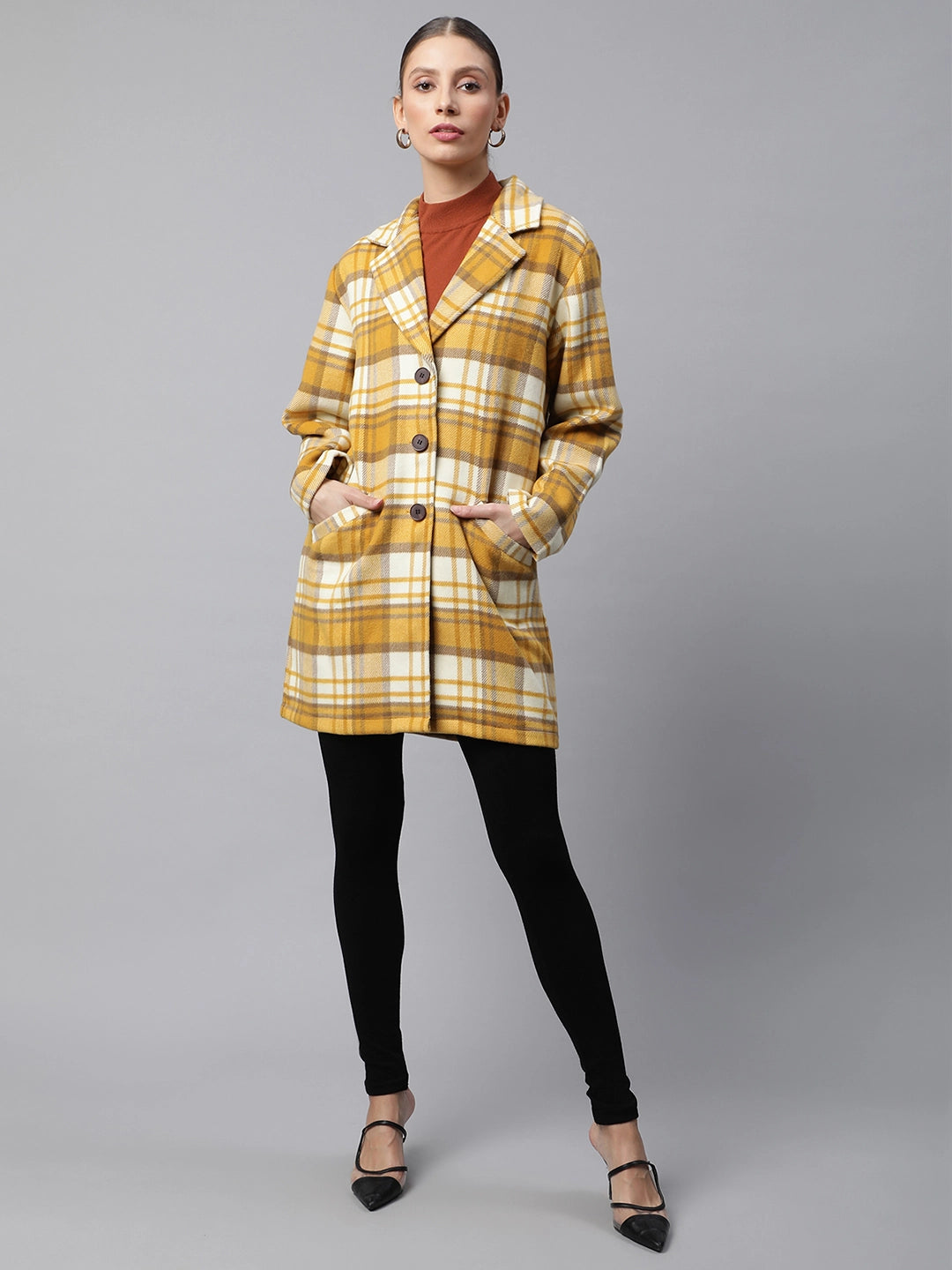 Women Mustard Relaxed Fit Checkered Single Breasted Coat