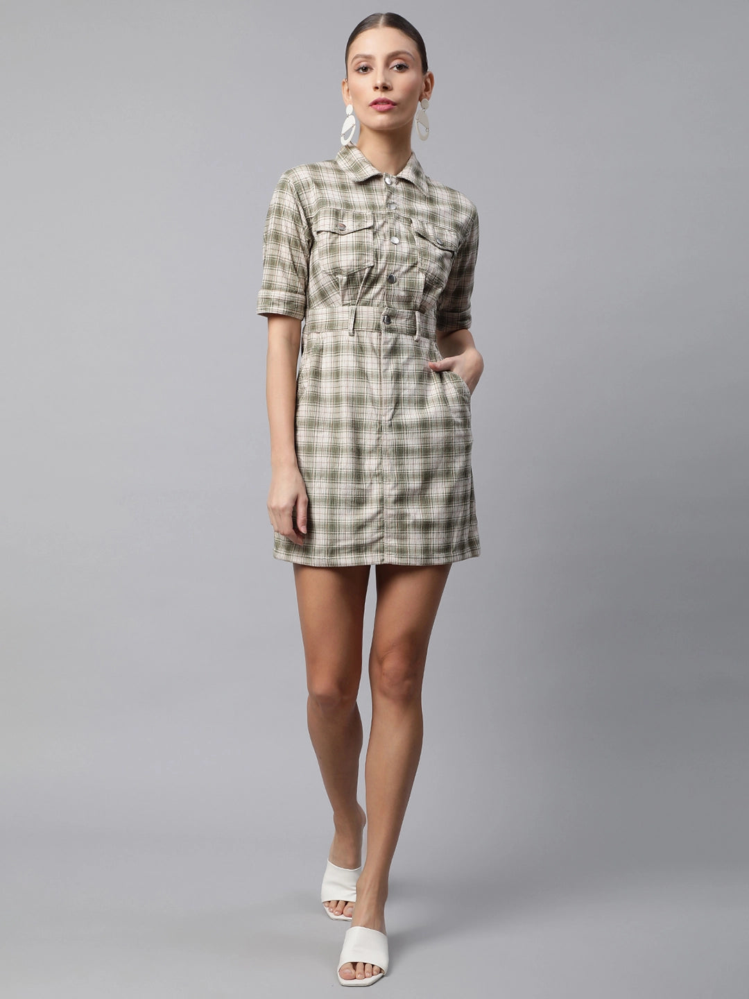 women green checkered cordroy shift dress