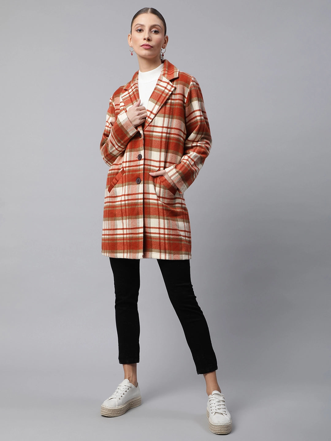 Women Orange Relaxed Fit Checkered Single Breasted Coat