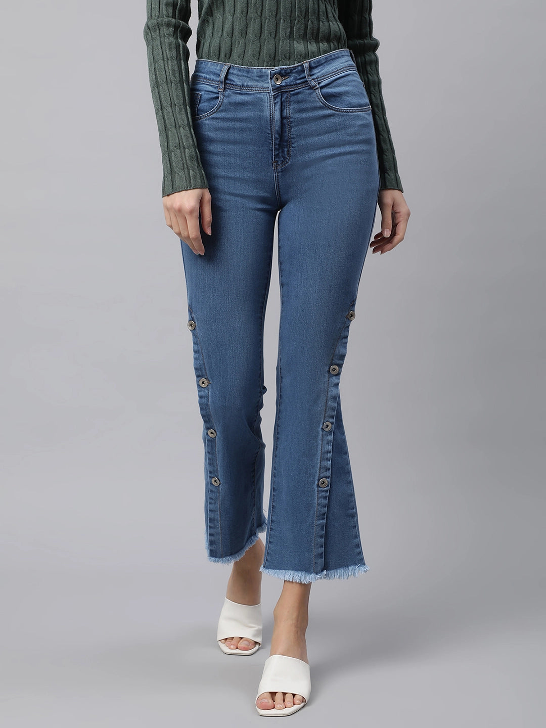 Women High Rise Blue Stylized Fit & Flare Jeans - Global Republic