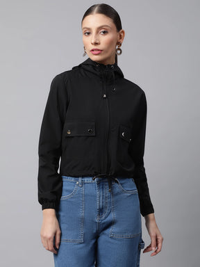 Women Black Street Style Hooded Cropped Jacket