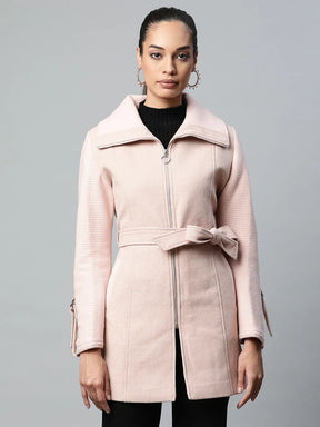 Buy Online  Women Dusty Pink Coat with Waist Belt 