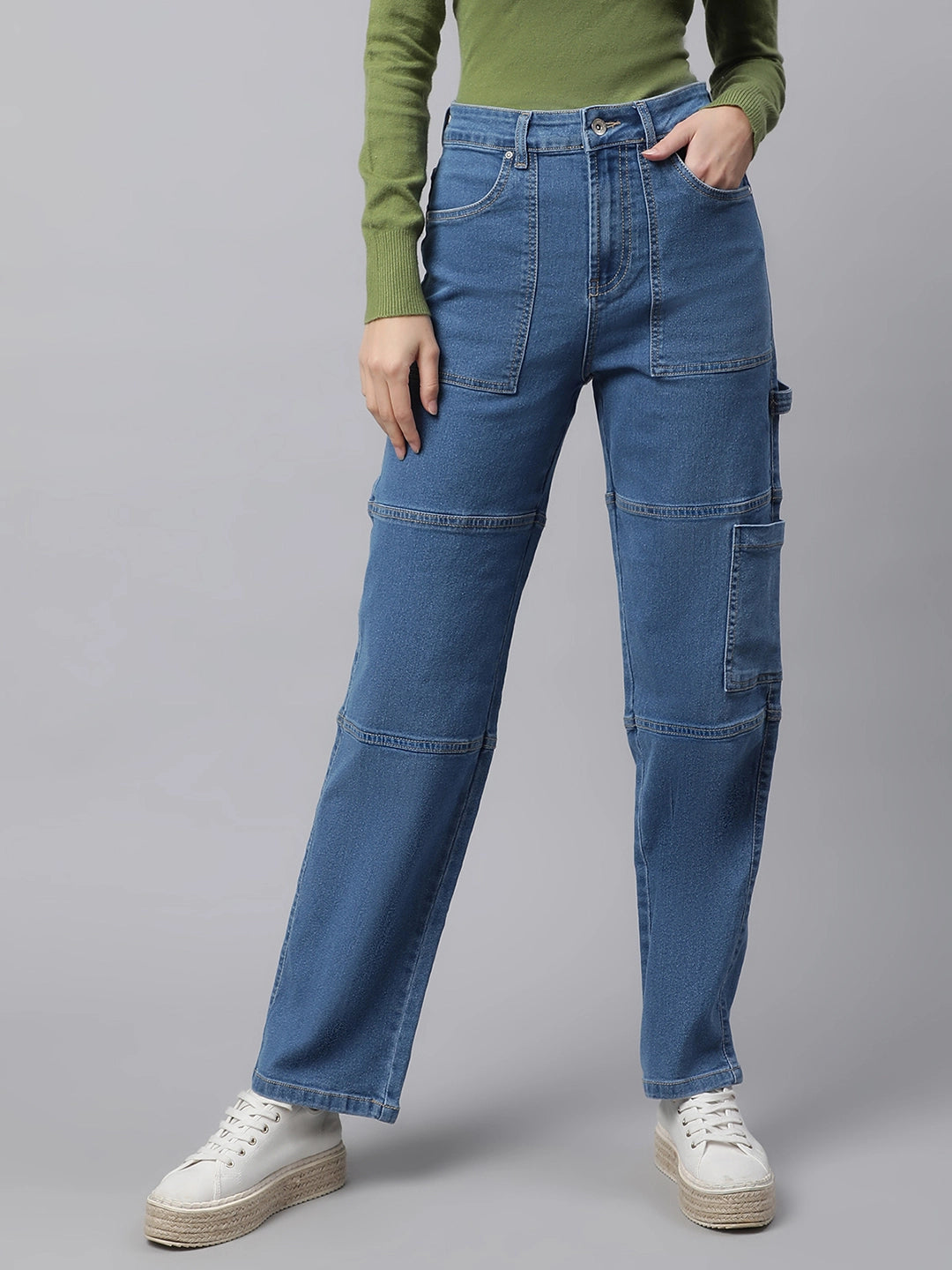 Women Light Blue Pocket Loop Belt Straight Leg Mid Rise Jeans