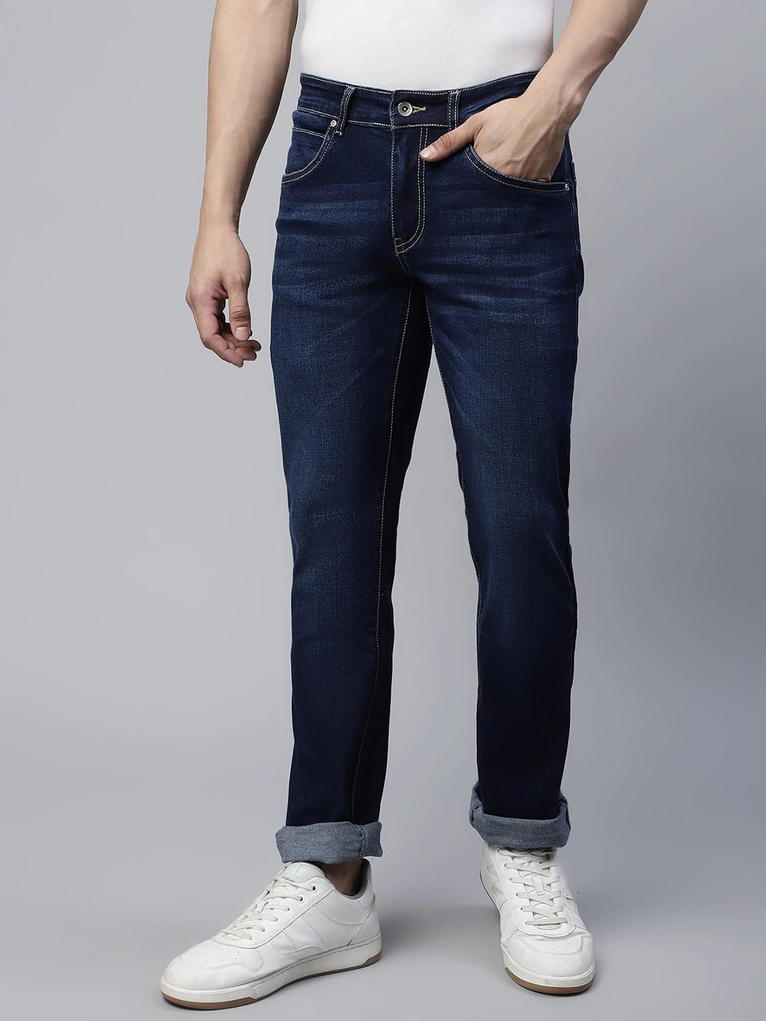 Mens Dark Blue Wiskering Effect Straight Leg Mid Rise Jeans