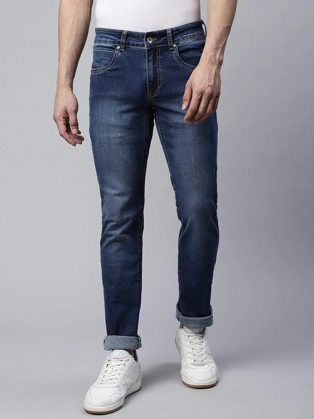 Mens Mid Blue Effect Regular Fit Mid Rise Jeans - Global Republic