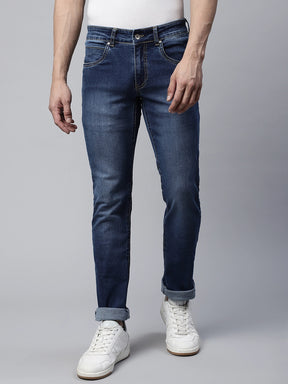 Mens Mid Blue Wiskering Effect Straight Leg Mid Rise Jeans