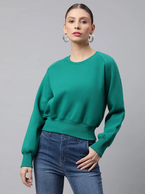 Women Green Raglan Sleeves Loose Fit Fleece Sweatshirt