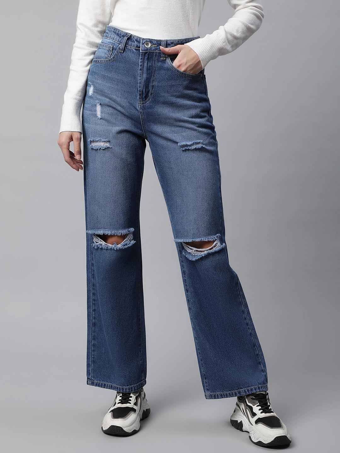 Distressed Knee Straight Leg Jeans - Global Republic