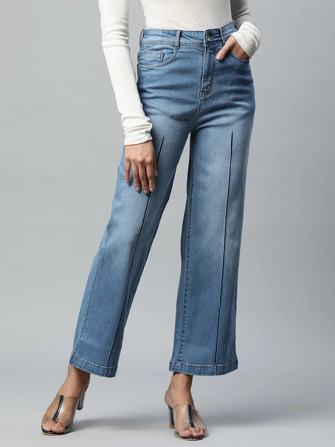 Women Ankle Length Wide Light Blue Stitch-Open Jeans