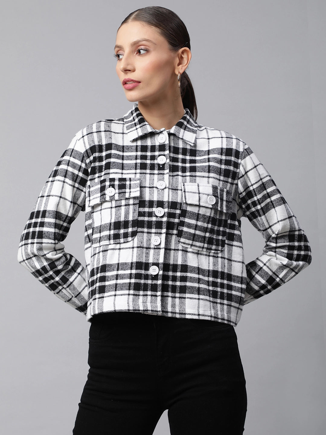 women black white loose fit checkered crop plaid shirt