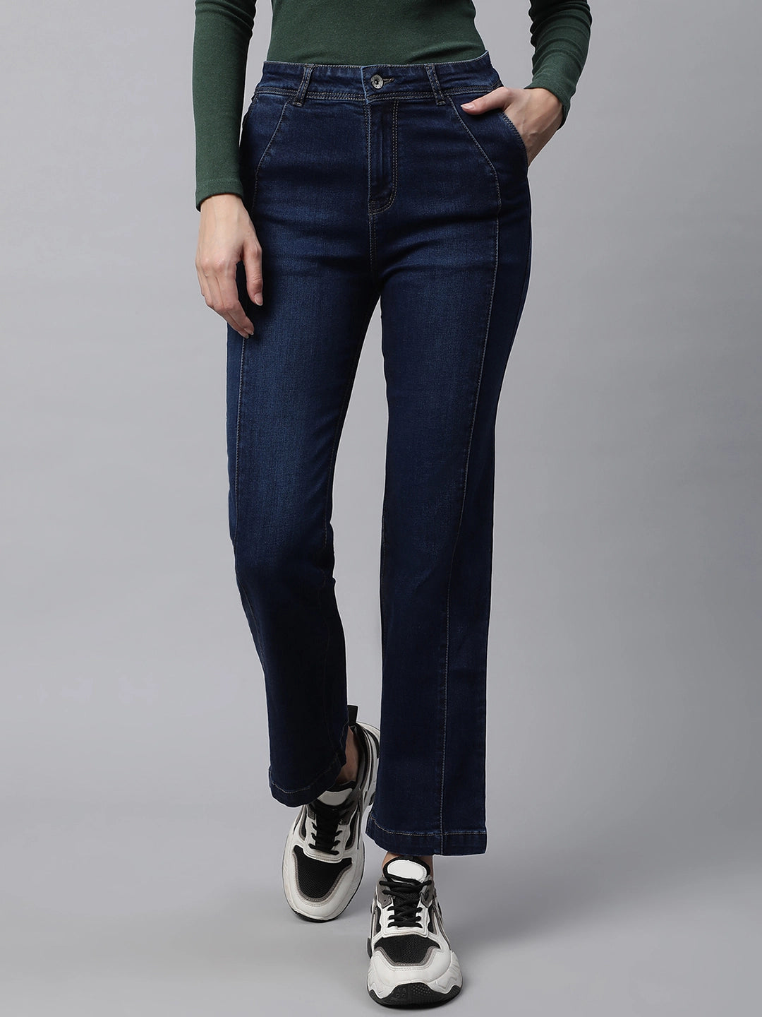 Women Blue Centre Seam Detail Straight Leg Mid Rise Jeans