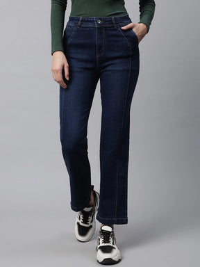 Women Blue Centre Seam Detail Straight Leg Mid Rise Jeans